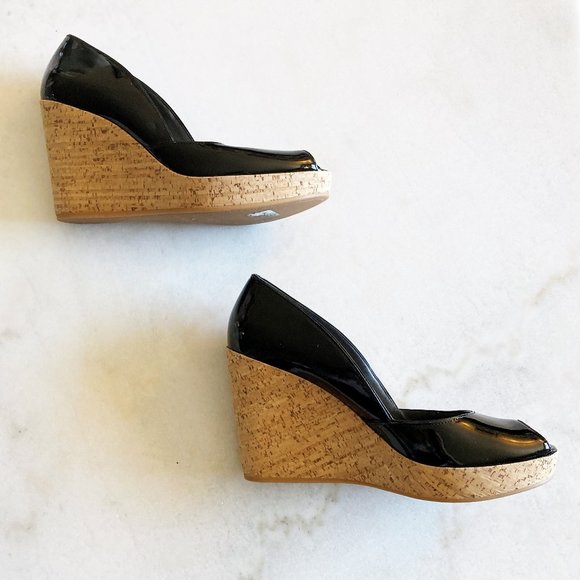 New! Via Spiga black patent leather & cork open toe wedge sandal / shoe - Picture 4 of 9